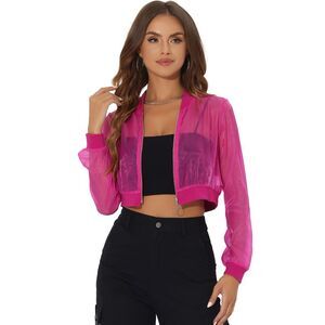 Bomber Jacket Long Sleeve Crop Mesh Sheer Jackets Hot Pink